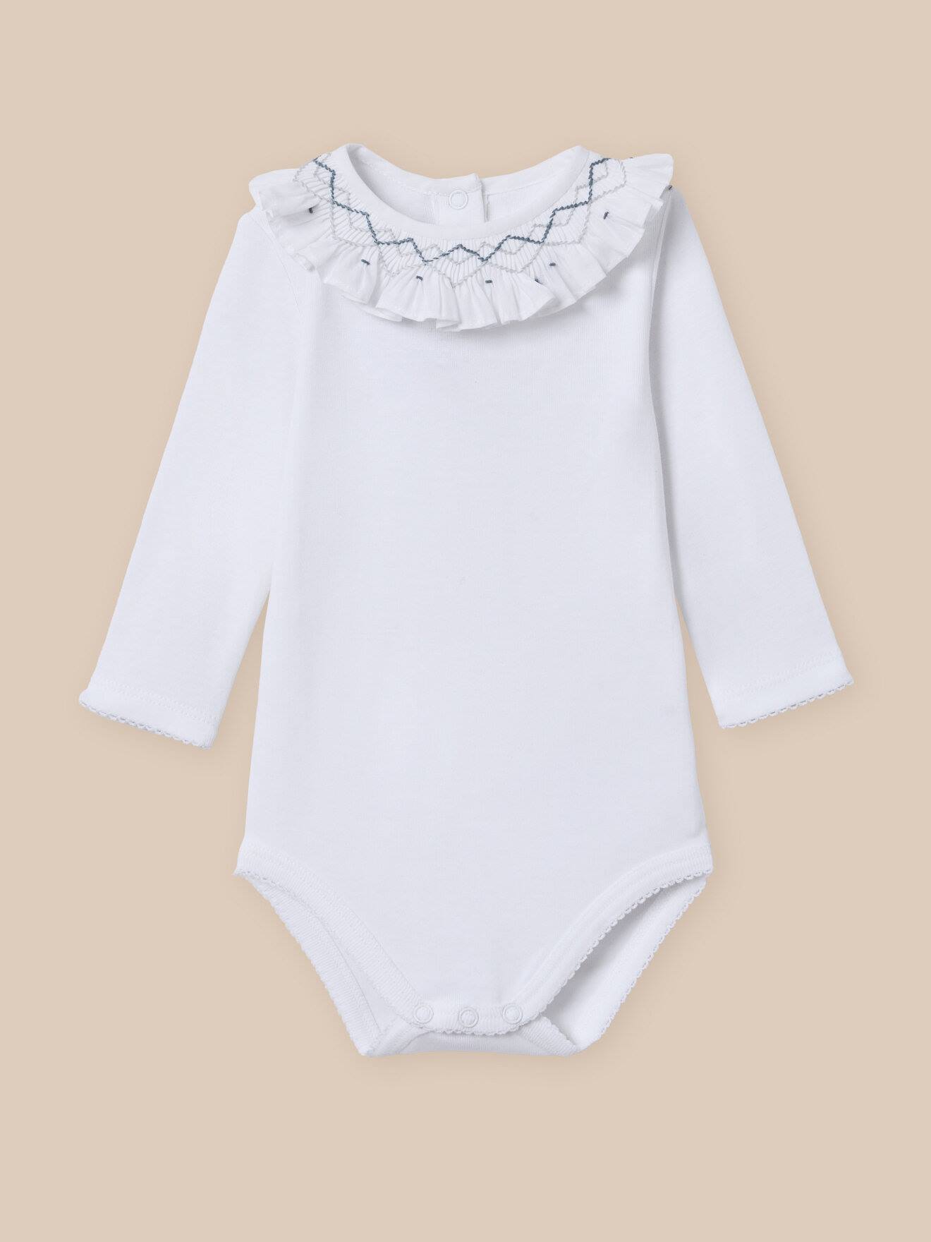 Body Col Brodé Et Smocks En Coton Biologique Blanc Casse