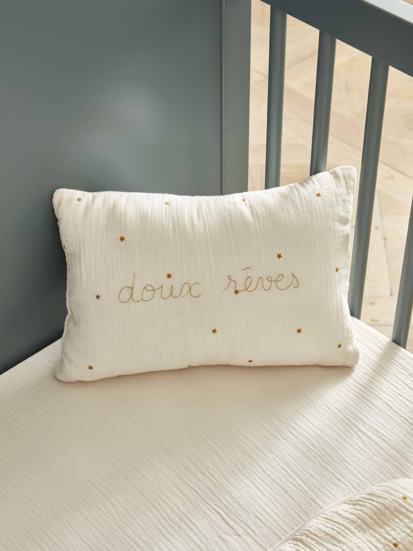 Petit Coussin Gaze De Coton Brodé Blanc Moyen Imprime