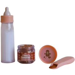Jouet-Coffret repas petit pot et biberon magiques pour poupée pain d'épices