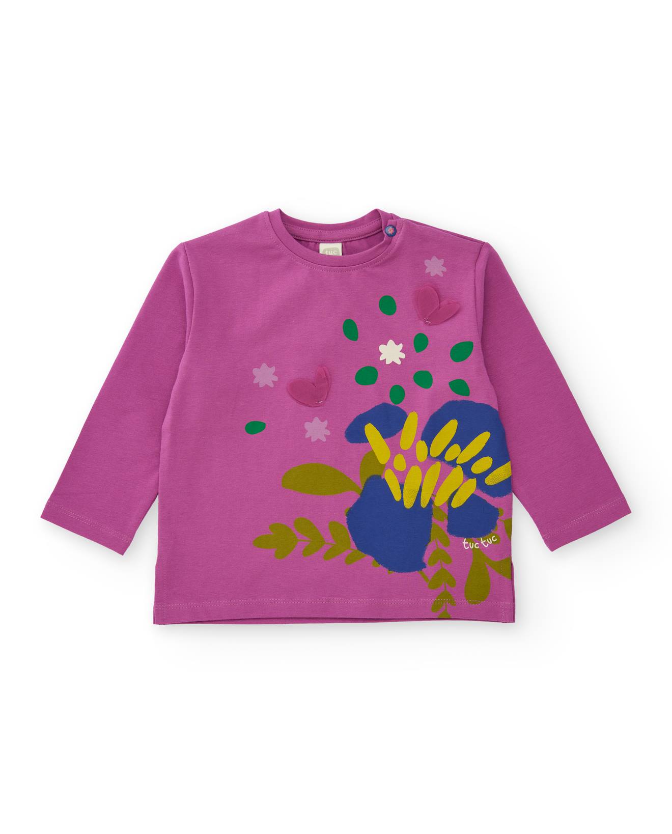 T-shirt à manches longues pour fille avec imprimé floral et papillons en relief fuchsia