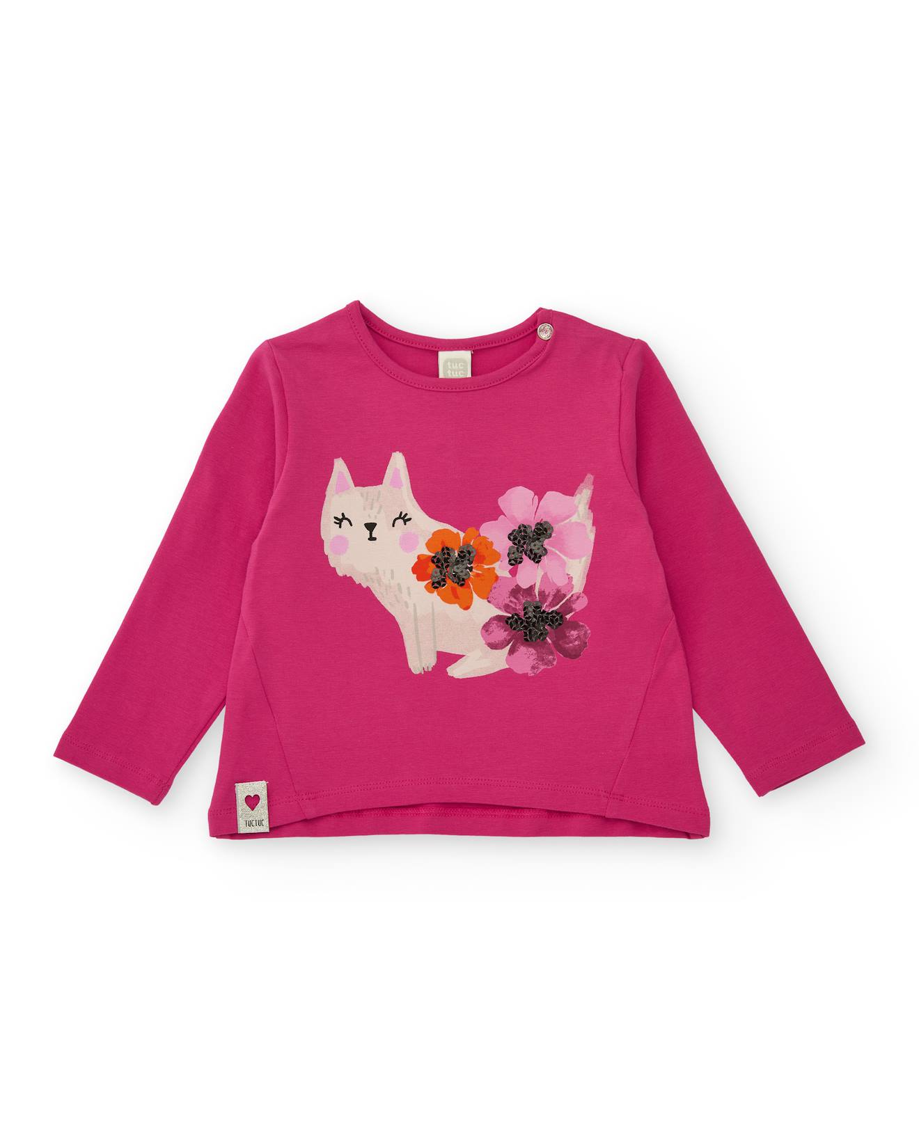 T-shirt Fille Avec Imprimé Chat Et Fleurs Fuchsia