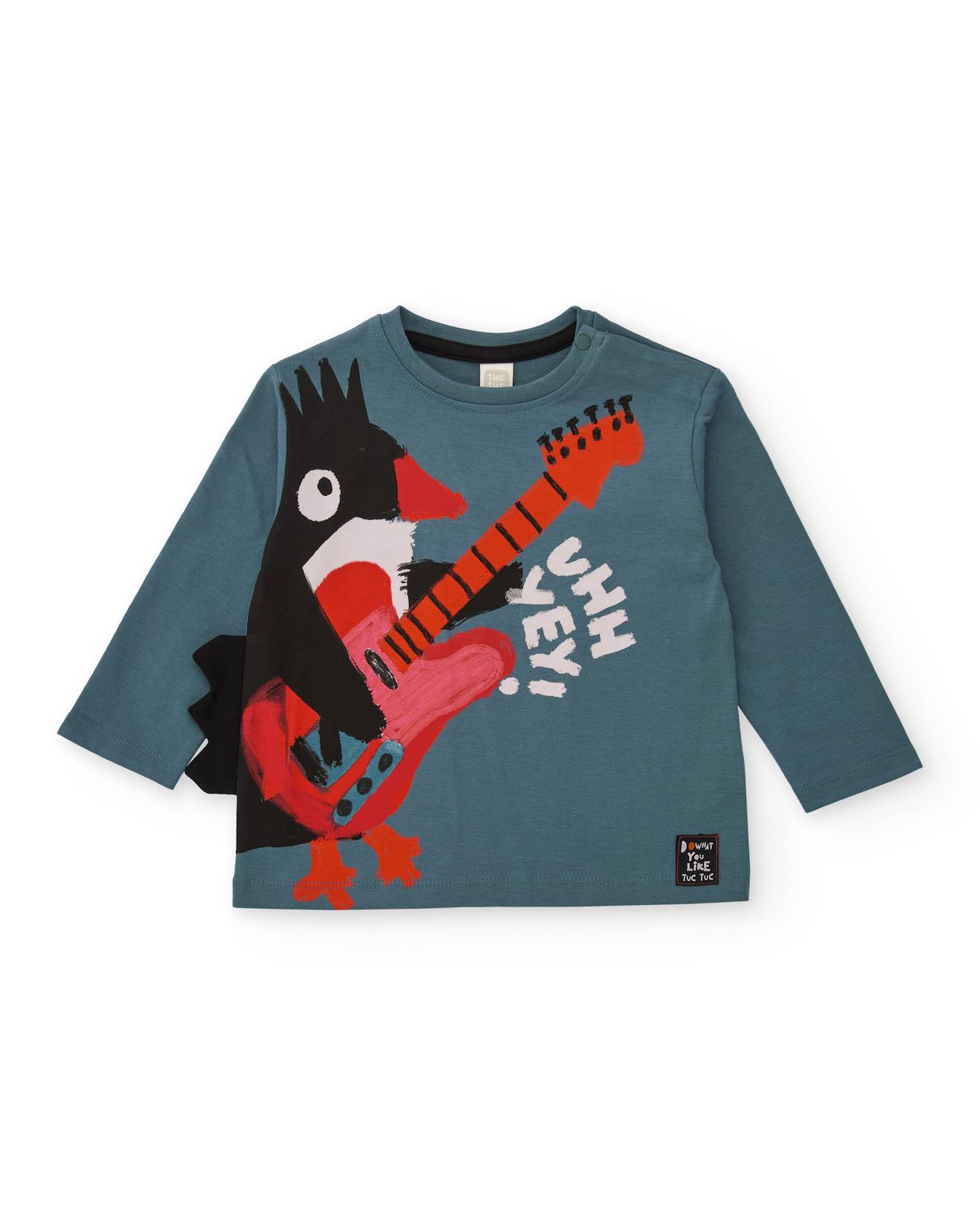 T-shirt manches longues enfant avec oiseau guitariste imprimé vert
