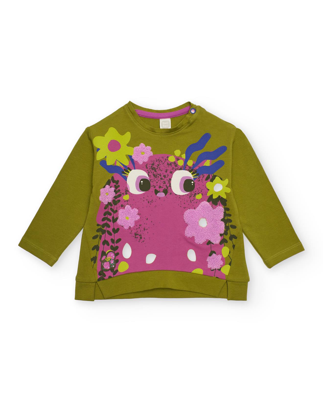 T-shirt à manches longues pour fille avec imprimé de monstre floral olive