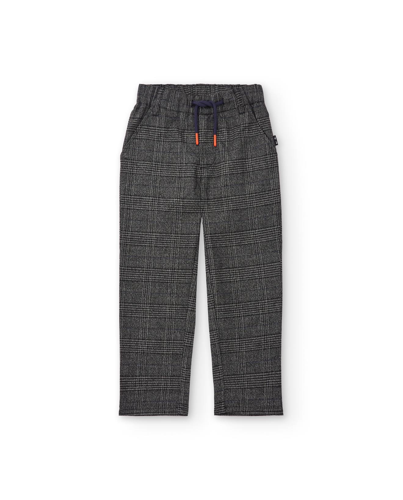 Pantalon pour garçon à carreaux avec taille élastique gris foncé