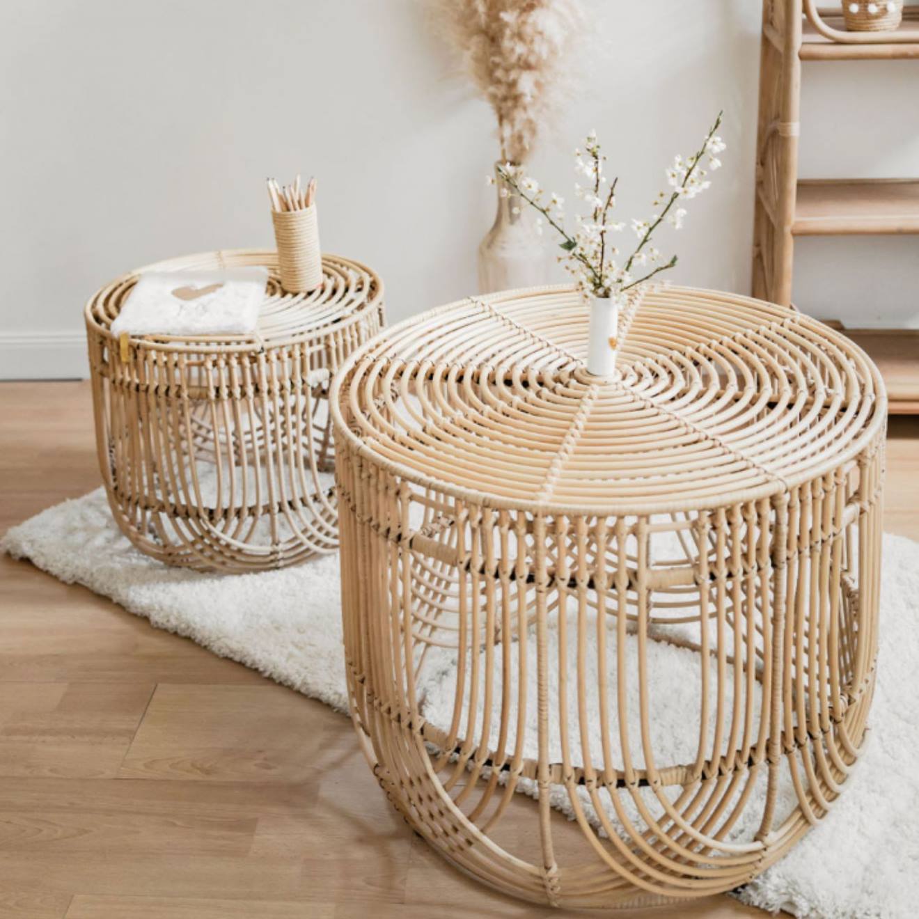 Tables Basses Rotin Et Métal /set De 2 Tables Basses - Java Rotin Blanchi