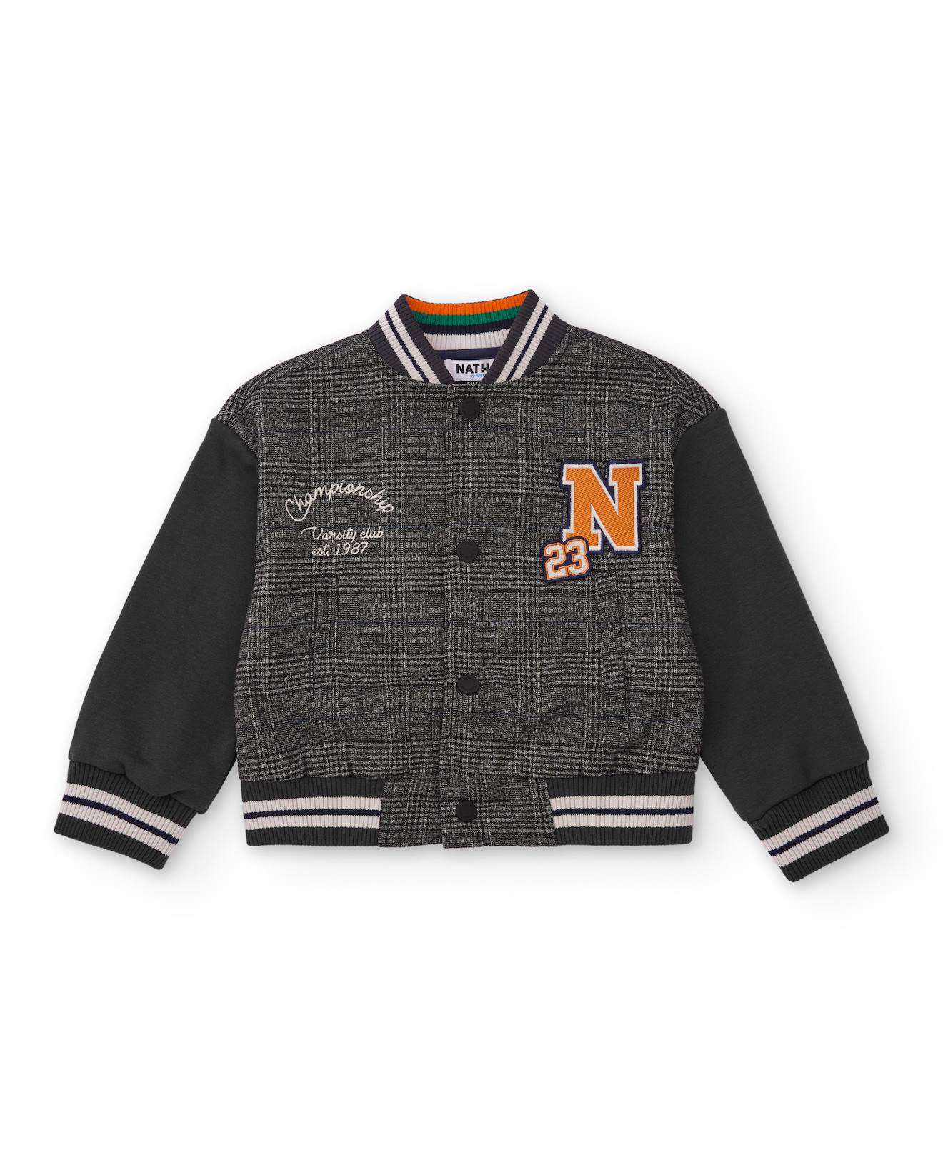 Veste Style Varsity Pour Garçon À Carreaux Avec Manches Contrastantes Gris Foncé