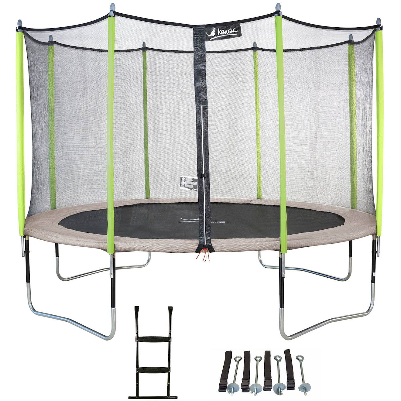 Trampoline De Jardin 426 Cm + Filet De Sécurité + Échelle + Kit D'ancrage Jumpi Taupe/vert 430 Taupe