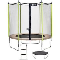 Jouet-Trampoline de jardin 244 cm + filet de sécurité + échelle + bâche de protection jumpi taupe/vert 250