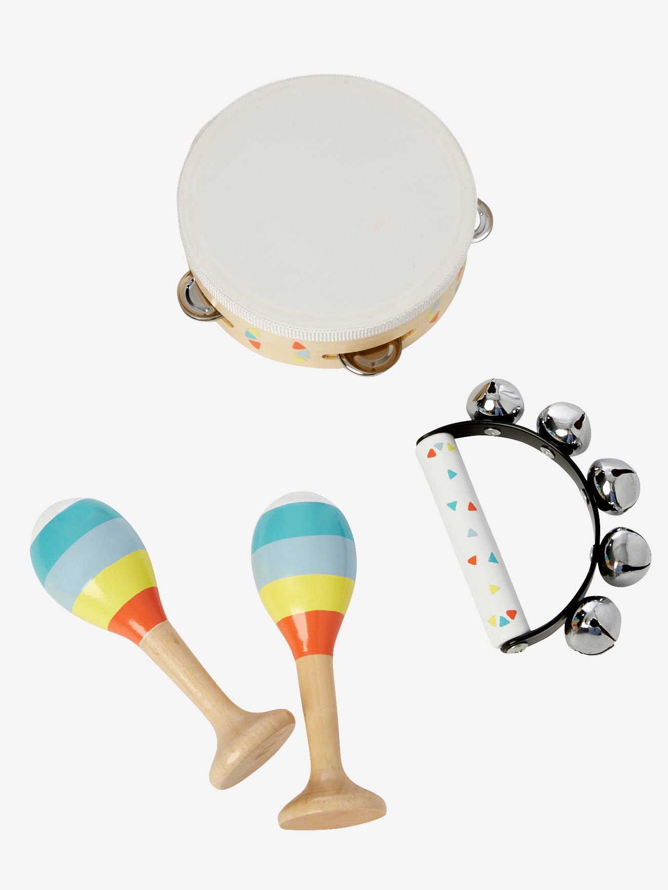 Vertbaudet - Set 3 instruments : maracas, tambourin, grelots en bois FSC® multicolore