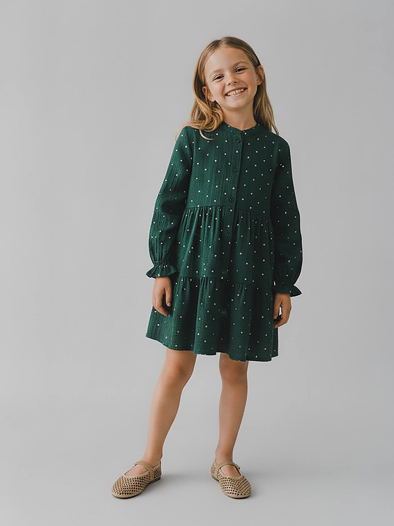 Robe fille en gaze de coton imprimée pois irisés vert sapin