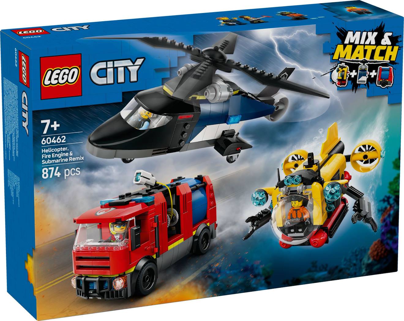 Lego city - hélicoptère, camion de pompiers et sous-marin modulable - 60462 multicolore