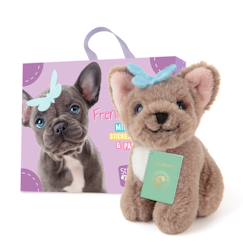 Jouet-Premier âge-Peluches-Chiot bouledogue français  avec valise, passeport et un livre d'autocollants