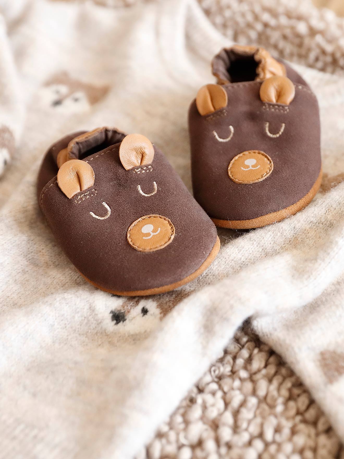 Chaussons élastiqués en cuir souple bébé lot marron