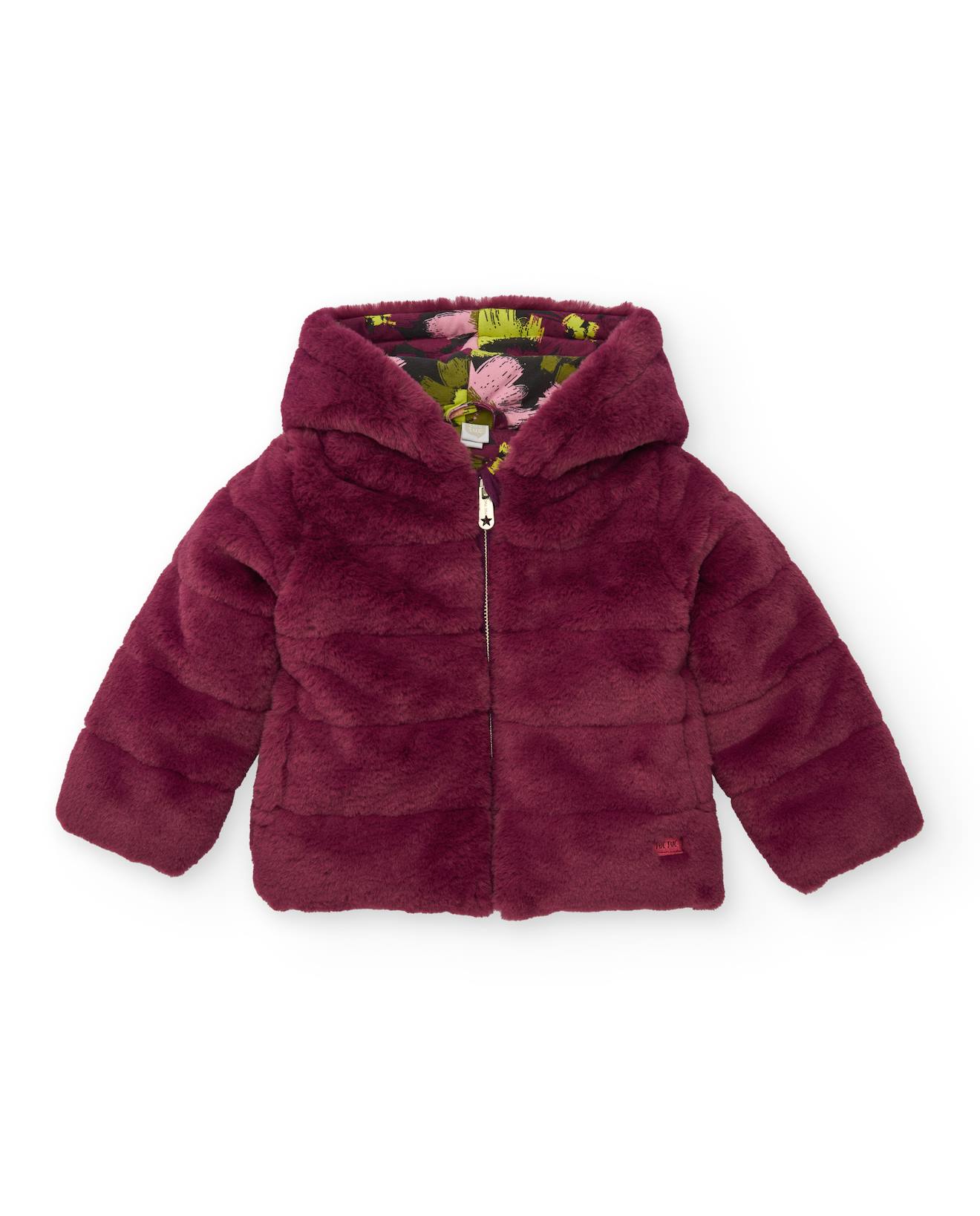 Veste En Fausse Fourrure Pour Fille Avec Capuche Et Doublure Fleurie Fuchsia