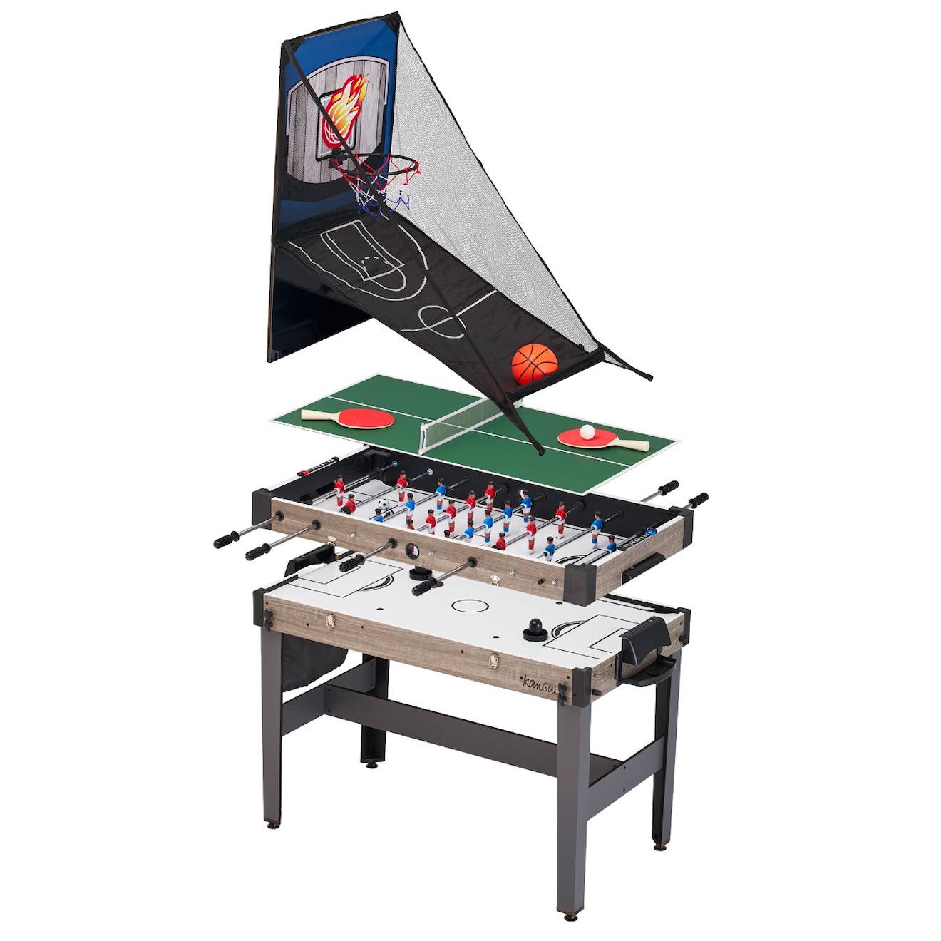 Kangui Table De Jeux 4 En 1 - Babyfoot Barres Télescopiques, Ping Pong, Hockey, Basket Gris