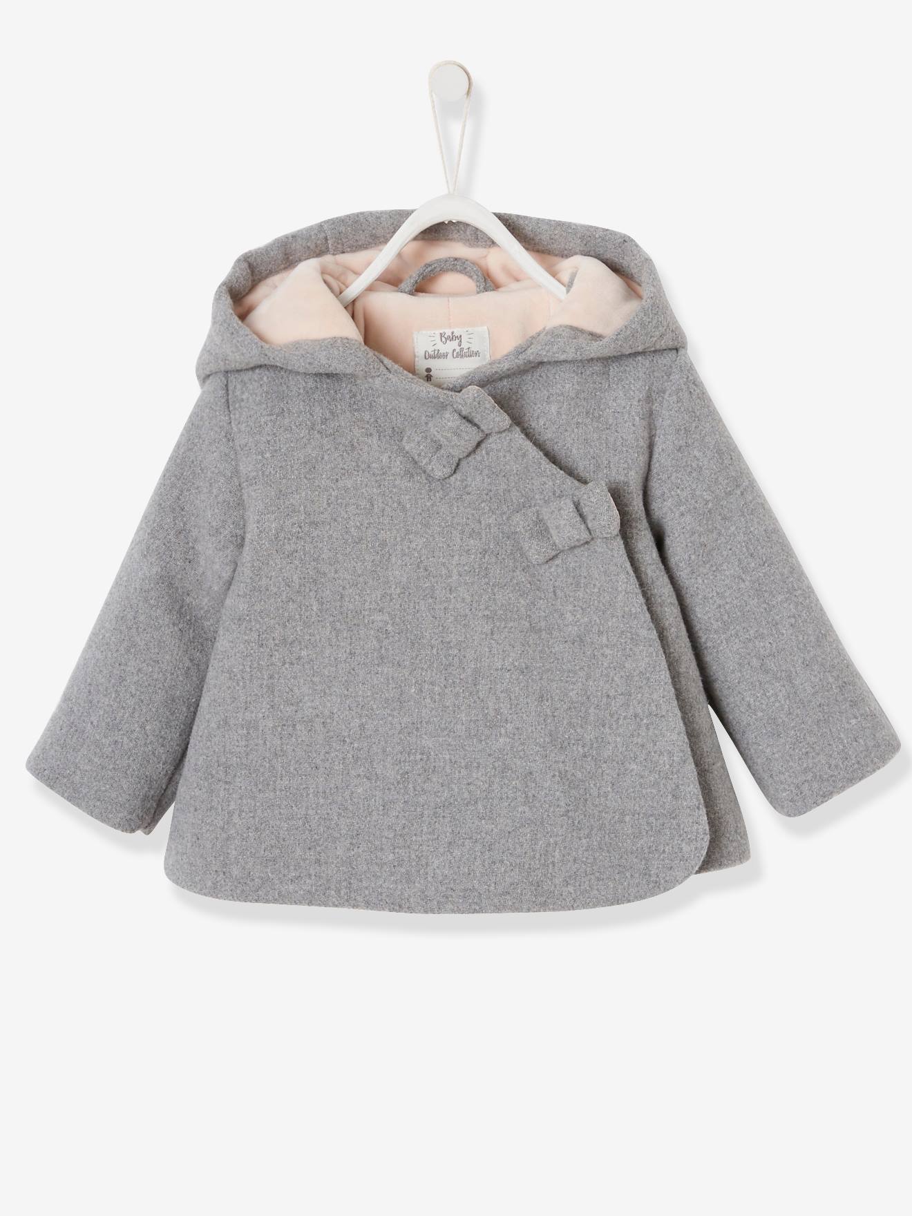 Manteau à capuche bébé fille lainage doublé et ouatiné gris clair chiné