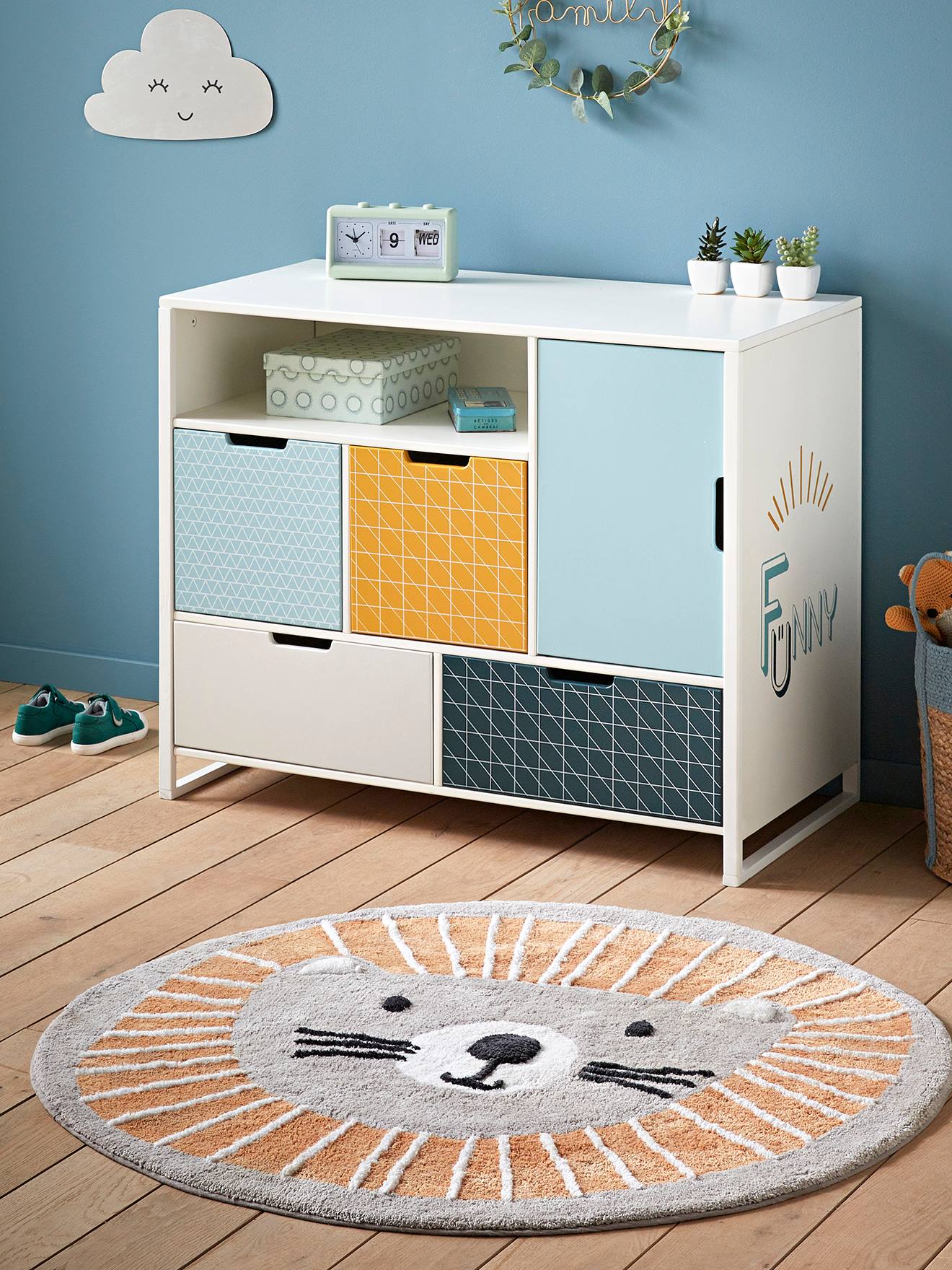 Tapis rond lavable Lion gris / orange