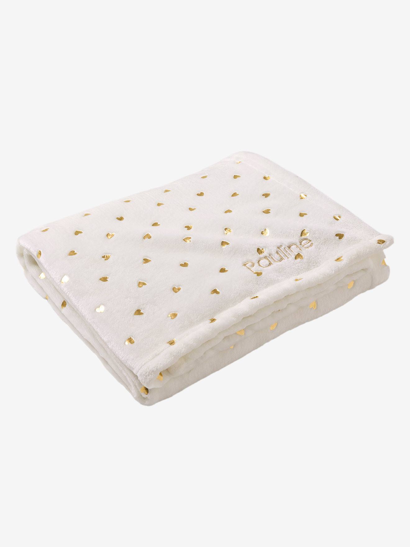 Plaid enfant en polaire motifs dorés écru / coeurs dorés (Vertbaudet) - Image 1