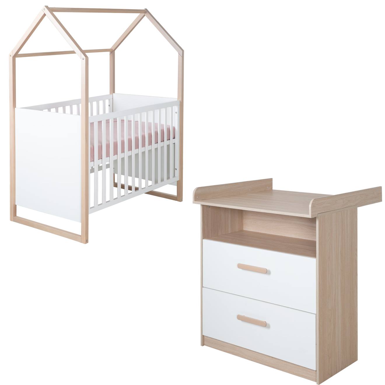 Chambre Bébé Évolutive 2 Pièces Avec Soft-close Cabane Blanc - Chêne