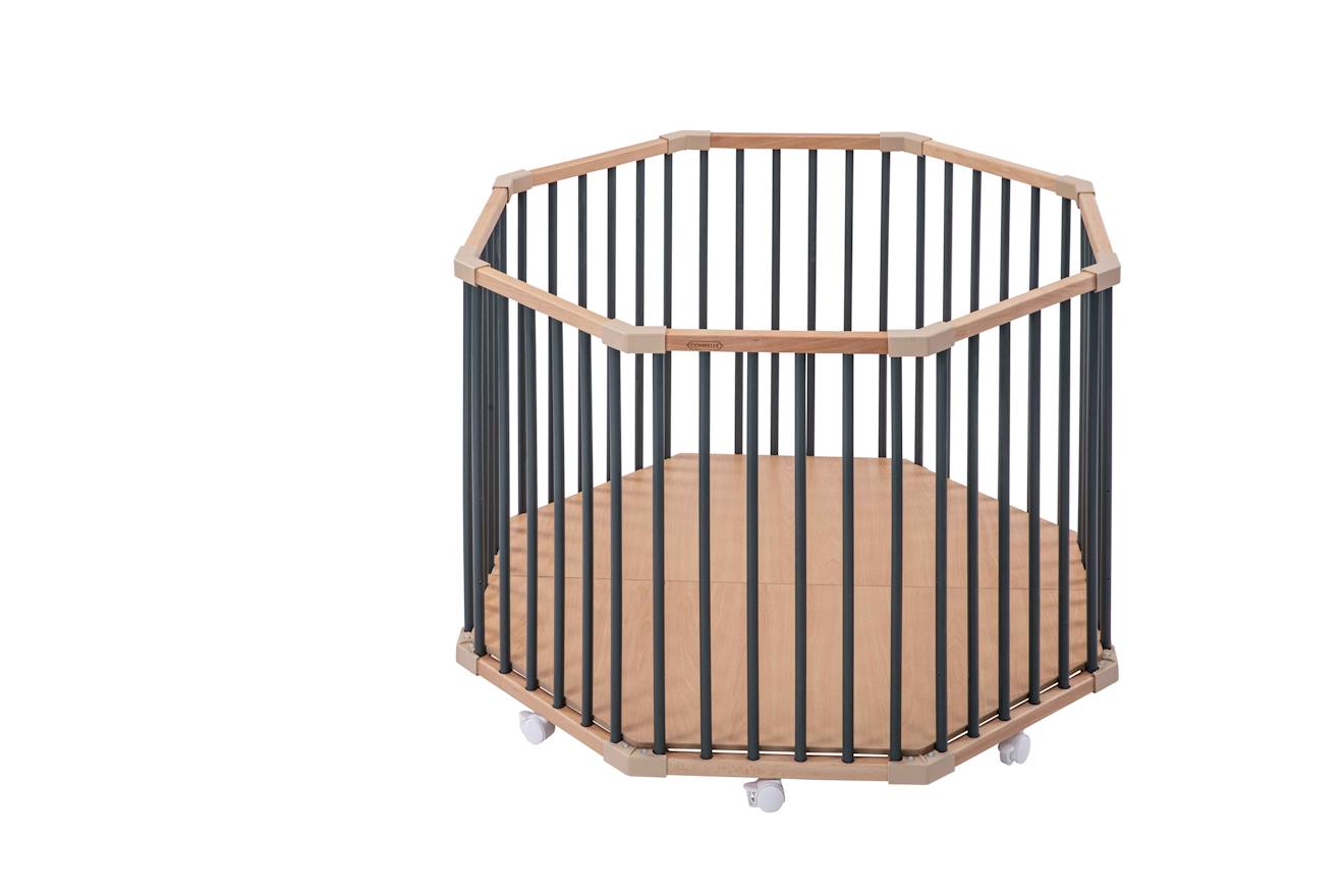 Parc Octogonal Basile En Bois – Plancher Réglable Et Roulettes Hybride Kaki