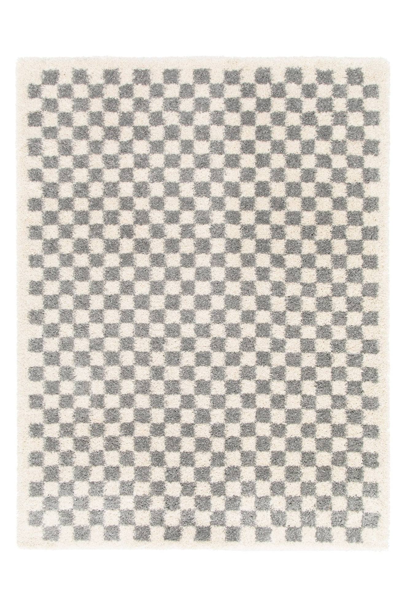 Tapis Damier Poils Longs Doux Et Volumineux Checkers Gris