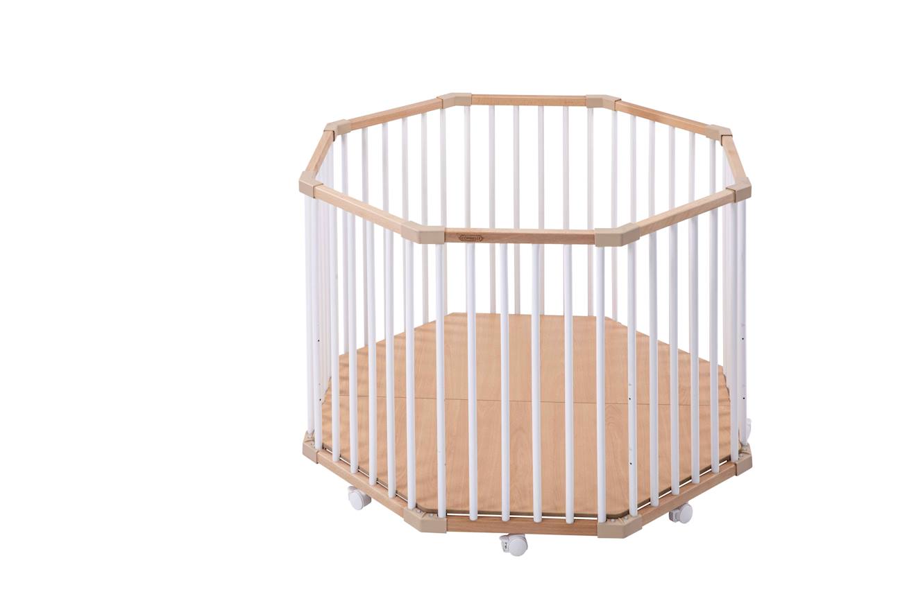 Parc Octogonal Basile En Bois – Plancher Réglable Et Roulettes Hybride Blanc