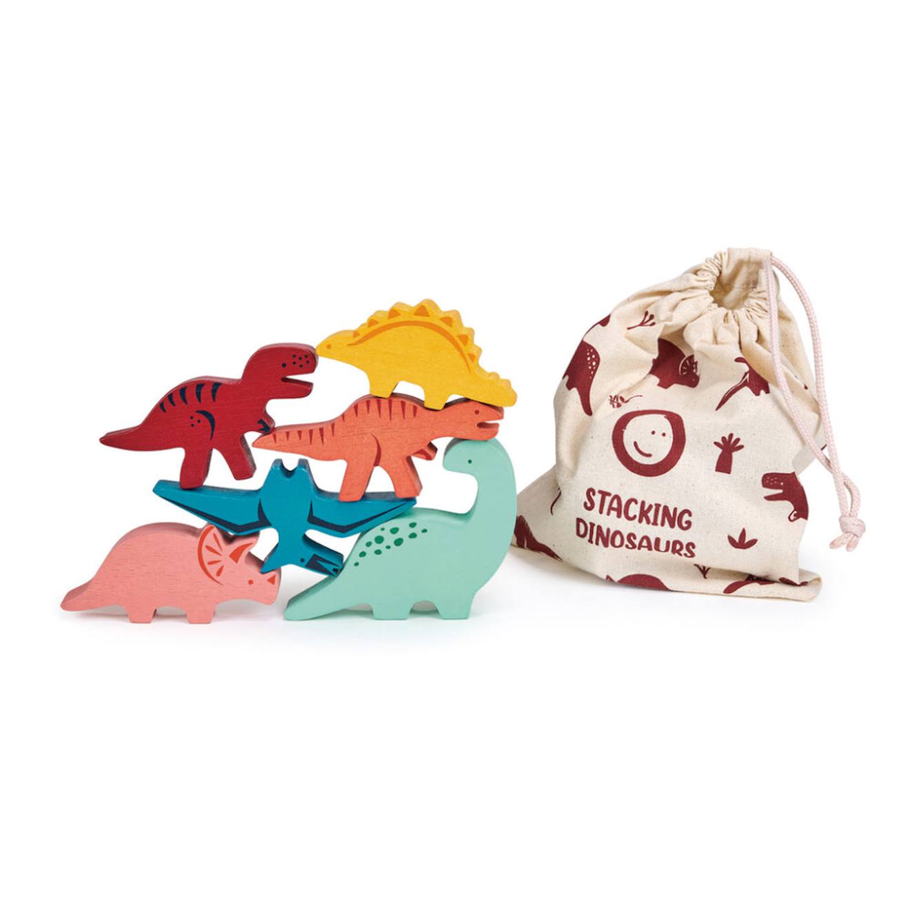 Jeu D’empilage Dinosaures En Bois – 6 Figurines Avec Sac De Rangement Multicolor