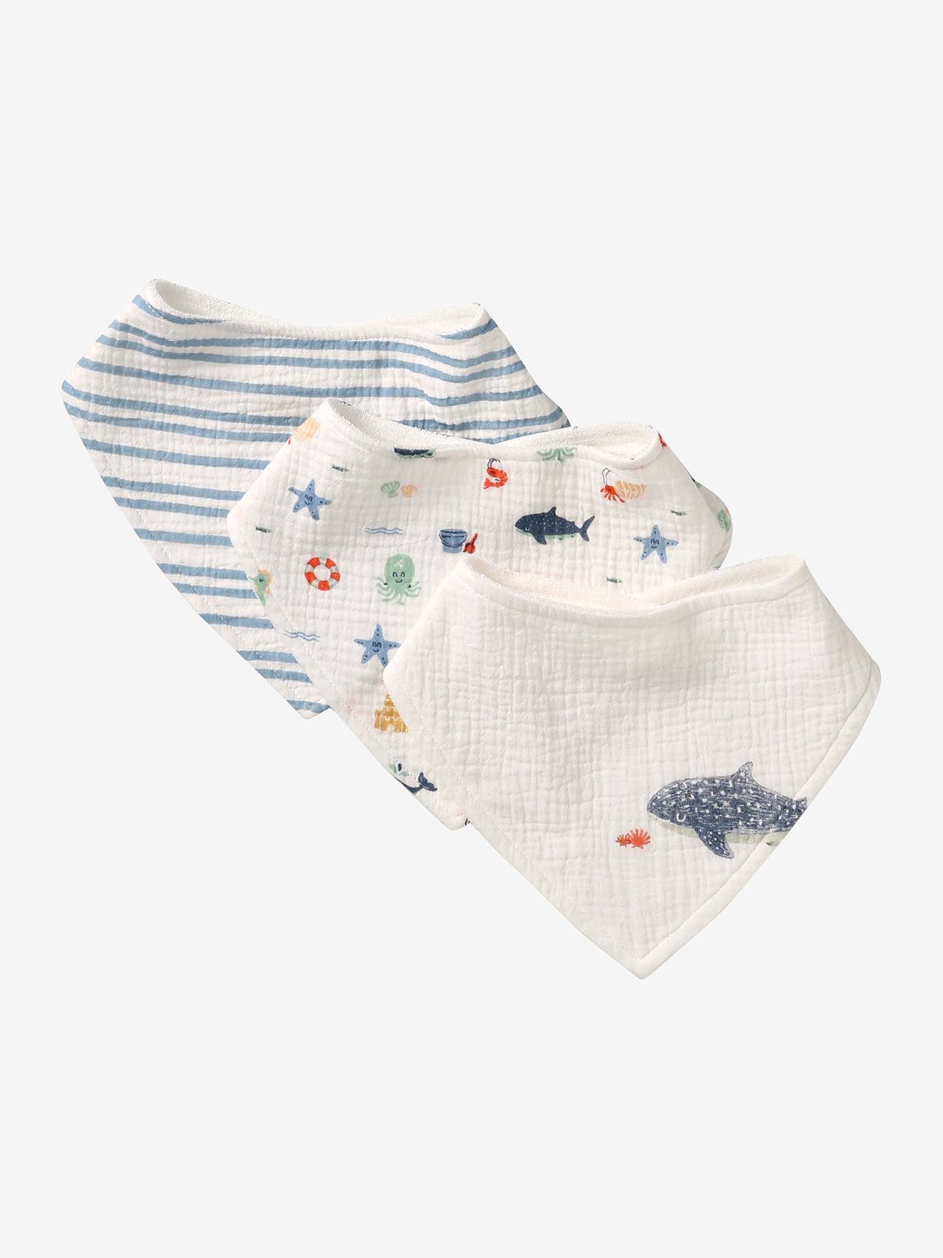 Lot 3 bavoirs bandanas en gaze de coton bord de mer