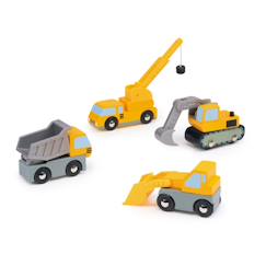 Jouet-Jeux d'imagination-Véhicules, garages, circuits et trains-Coffret de 4 véhicules de construction en bois - pelleteuse, grue, tractopelle et camion-benne