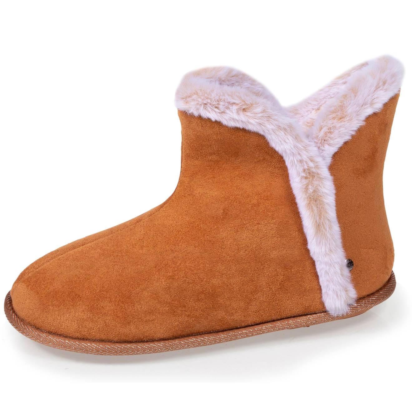Chaussons Bottillons Ultra Confortables Et Chauds, Interieur Et Bordure En Fausse Fourrure Camel
