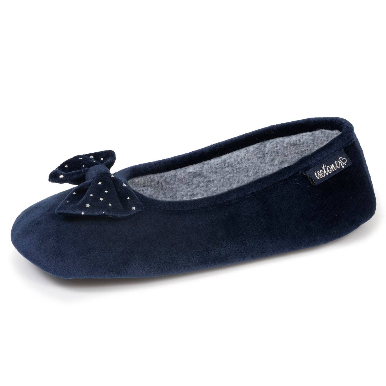 Chaussons Ballerines Microvelours, Semelle Antidérapante Marine