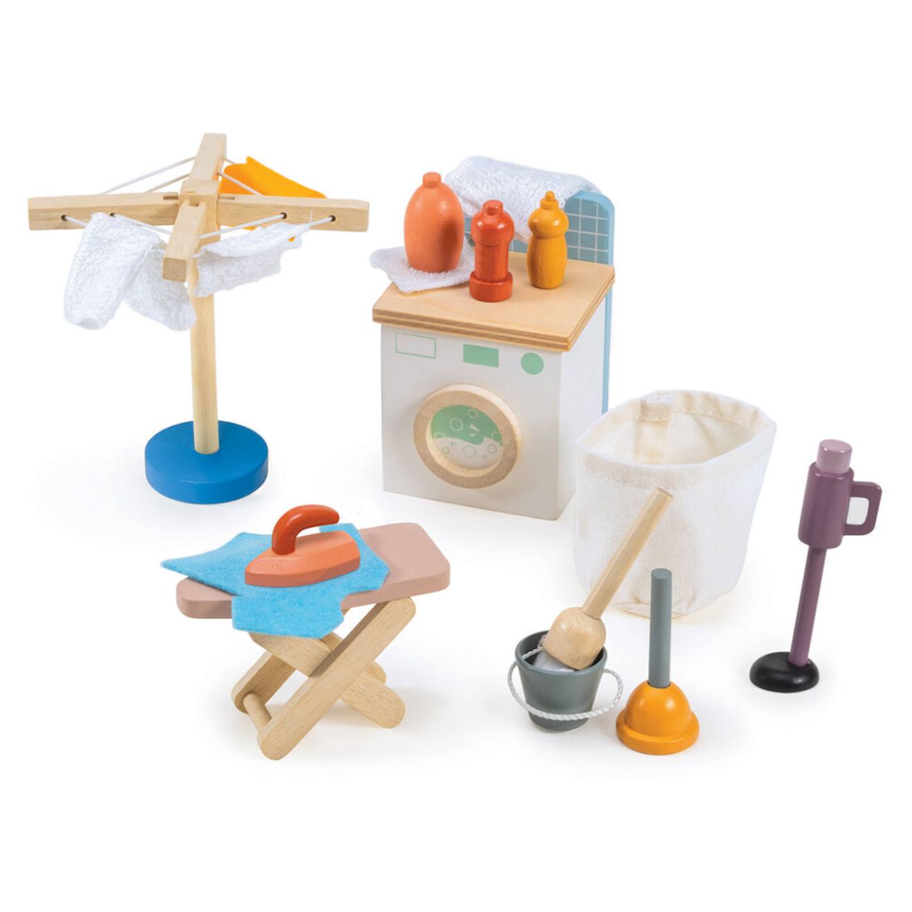 Coffret-jeu De Lessive En Bois Pour Poupées – Machine À Laver, Fer Et Aspirateur Miniatures Multicolore