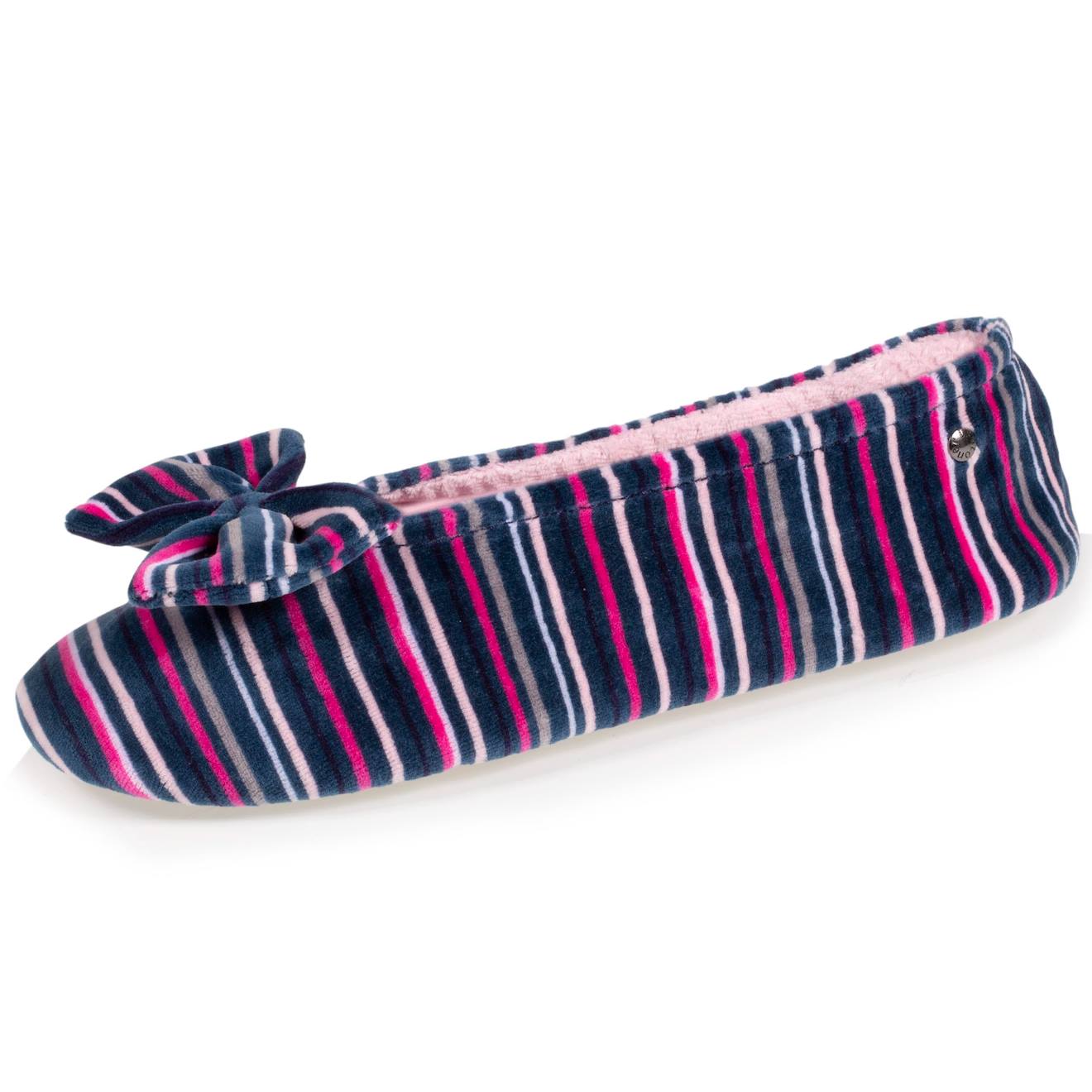 Chaussons Ballerines Ultra Confortables, En Coton Biologique Et Semelle En Cuir, Détail Grand Nœud Rayuresbleues