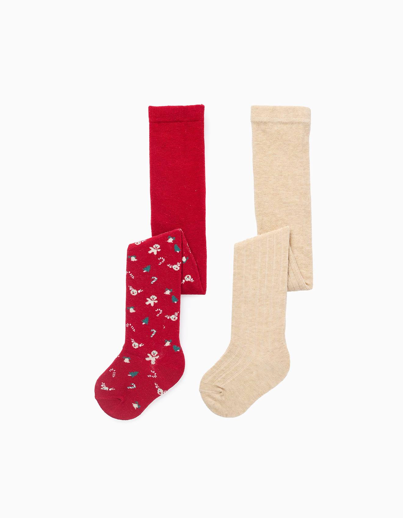 Lot De 2 Collants Côtelés/à Motif Noël Multicolore