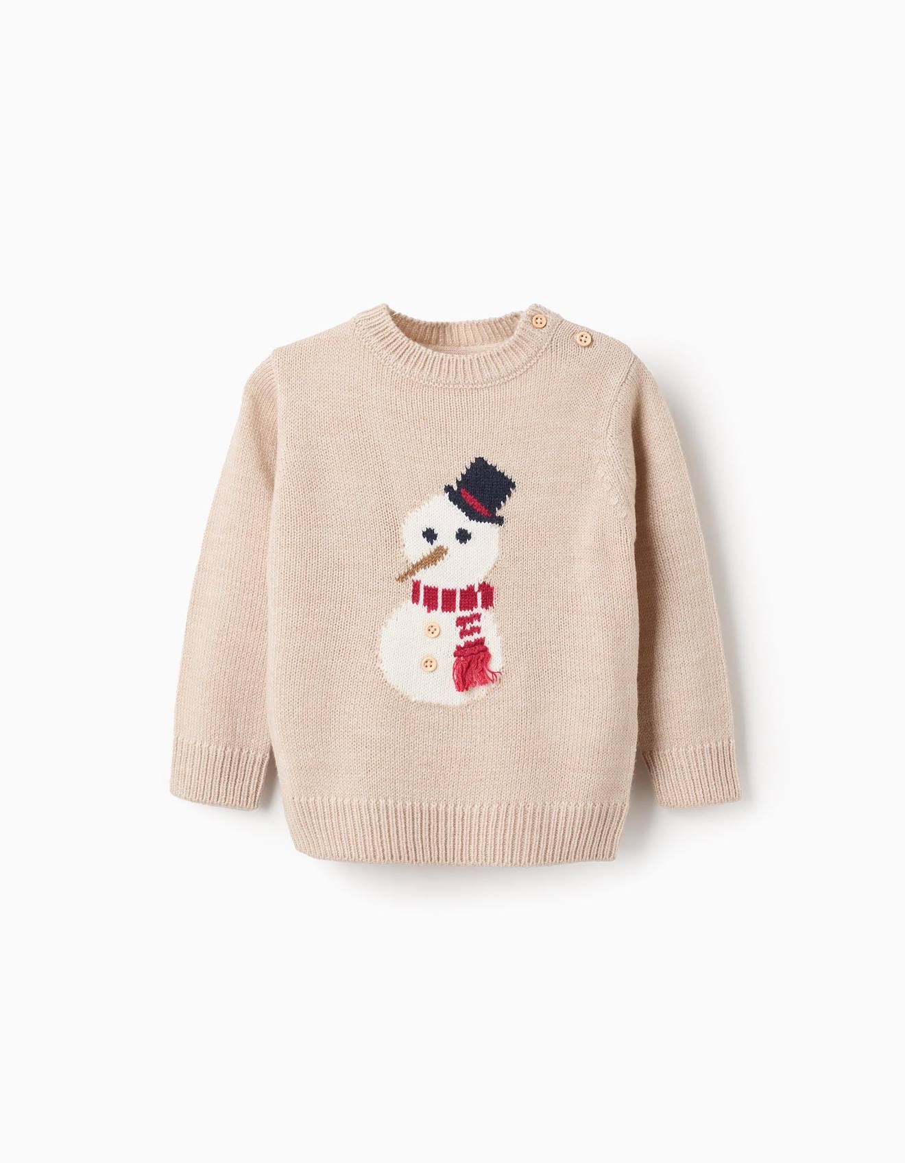 Pull De Noël En Maille Avec Bonhomme De Neige En Jacquard Beige Clair