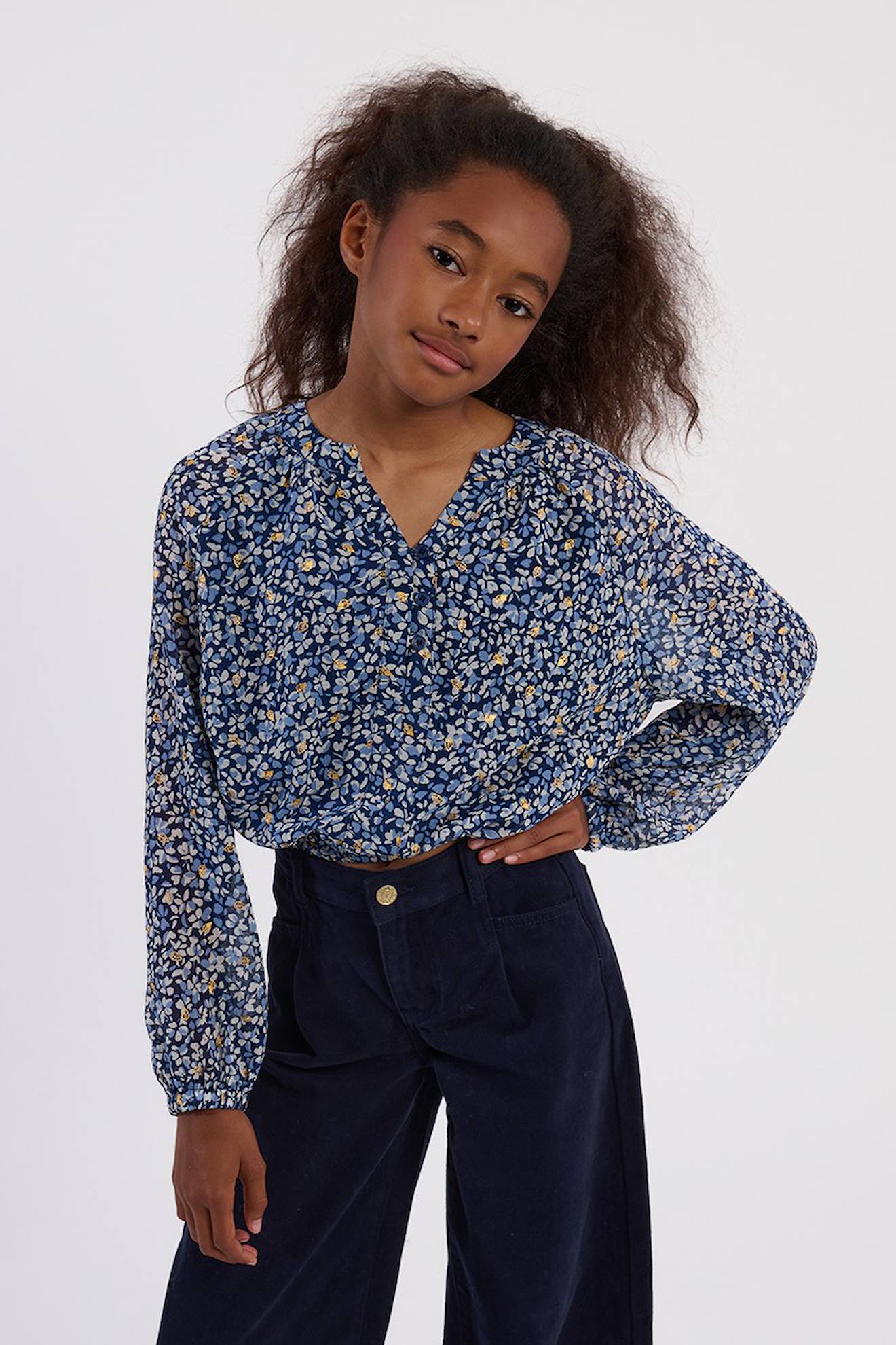 Blouse En Voile, Imprimé Fleuri Bleu