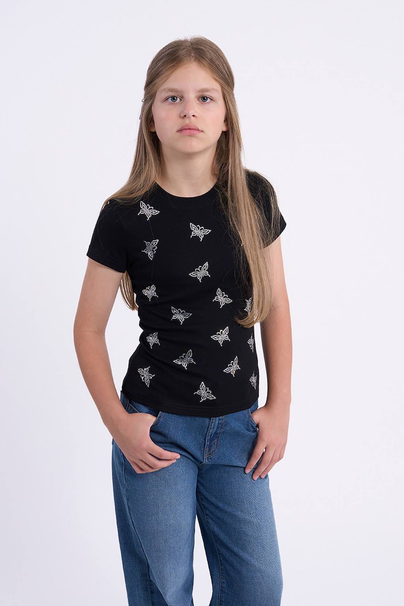 T-shirt Droit À Strass Papillon Noir