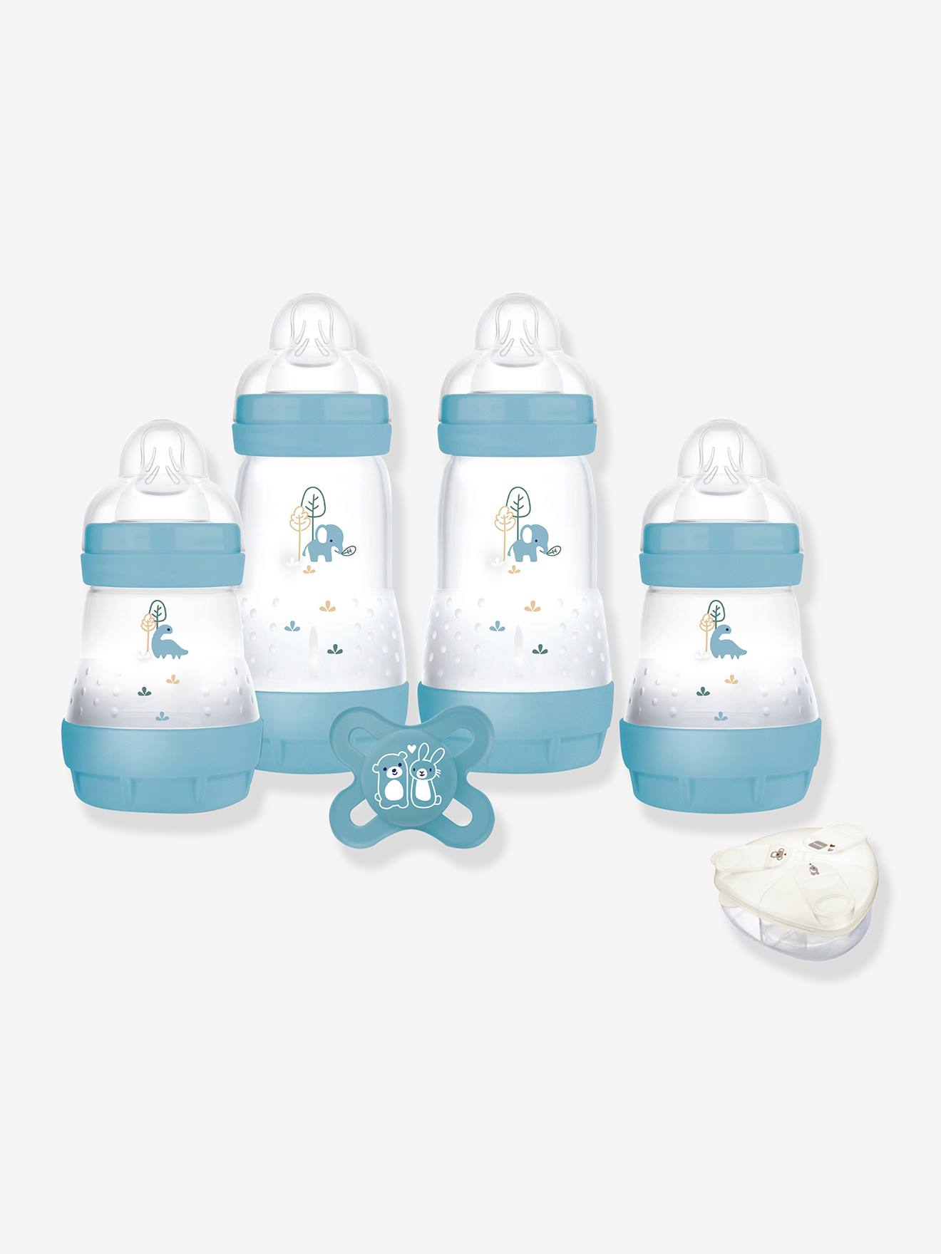 Coffret naissance biberons + sucette + boîte doseuse bleu