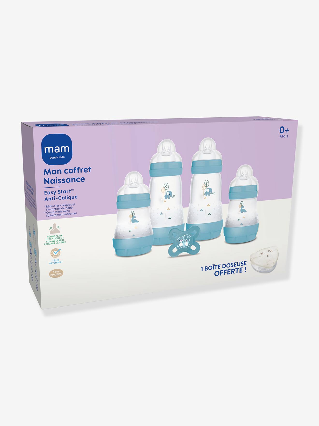 Coffret naissance biberons + sucette + boîte doseuse bleu (Mam) - Image 1