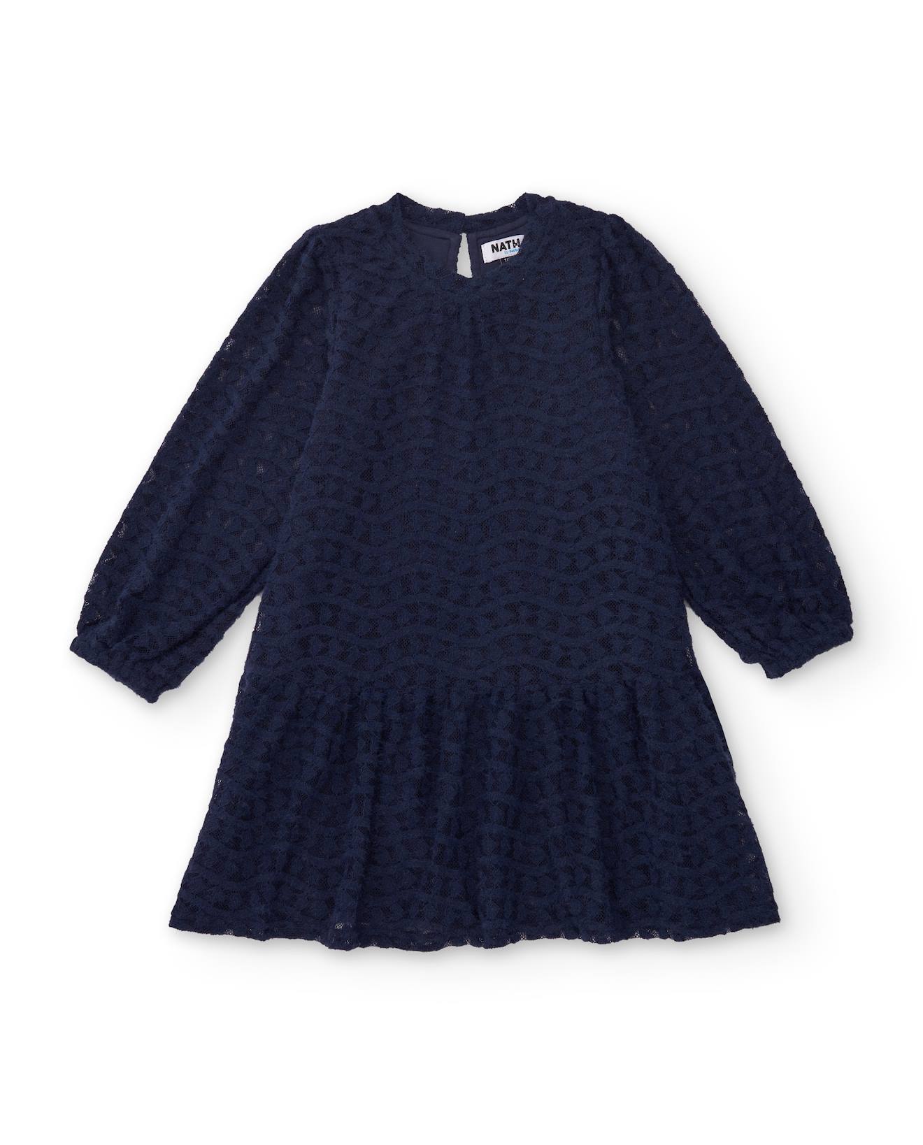 Robe Pour Fille Avec Dentelle Et Manches Longues Bleu Marine