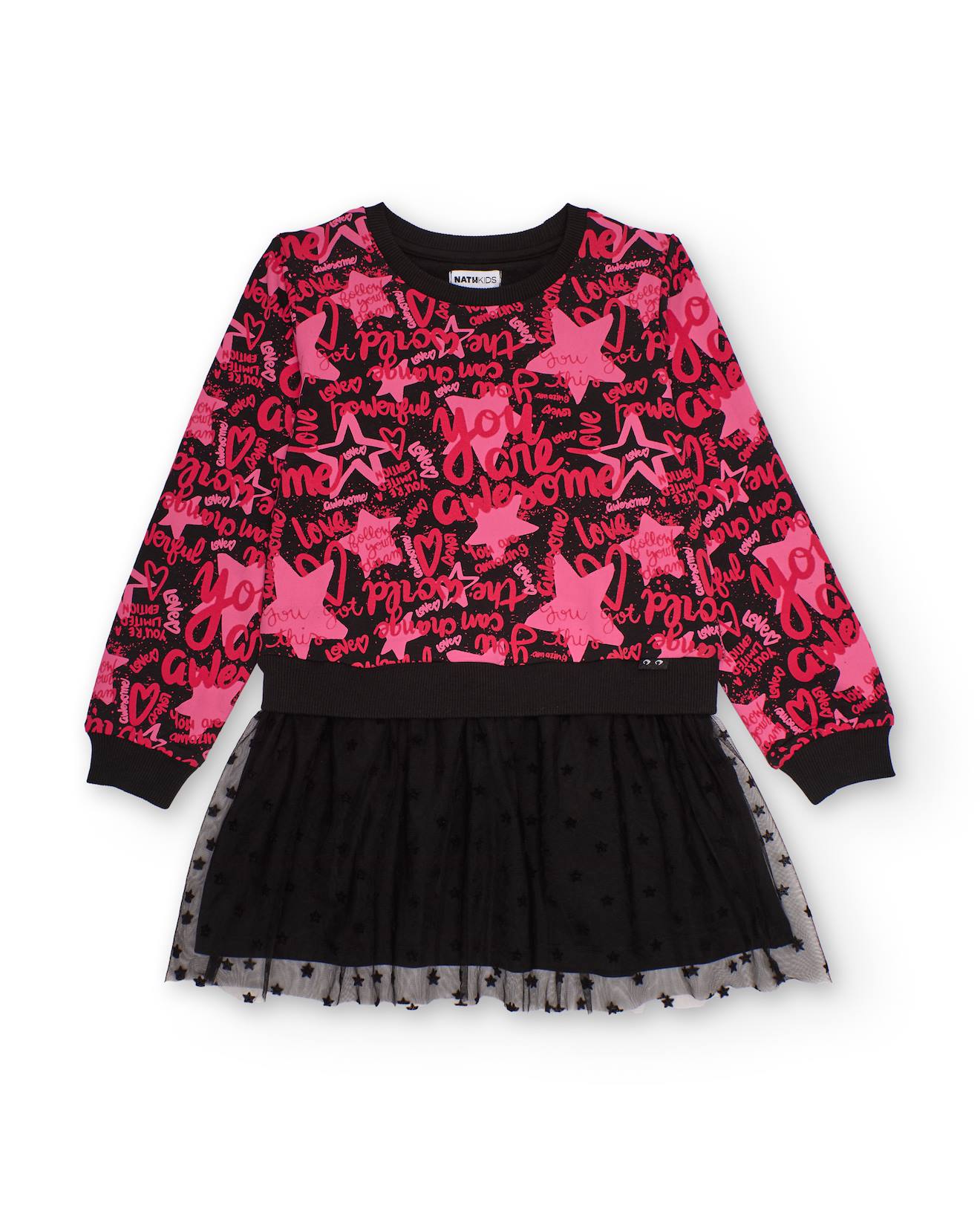 Robe Combinée Pour Fille Avec Imprimé Fuchsia Et Jupe En Tulle Rose
