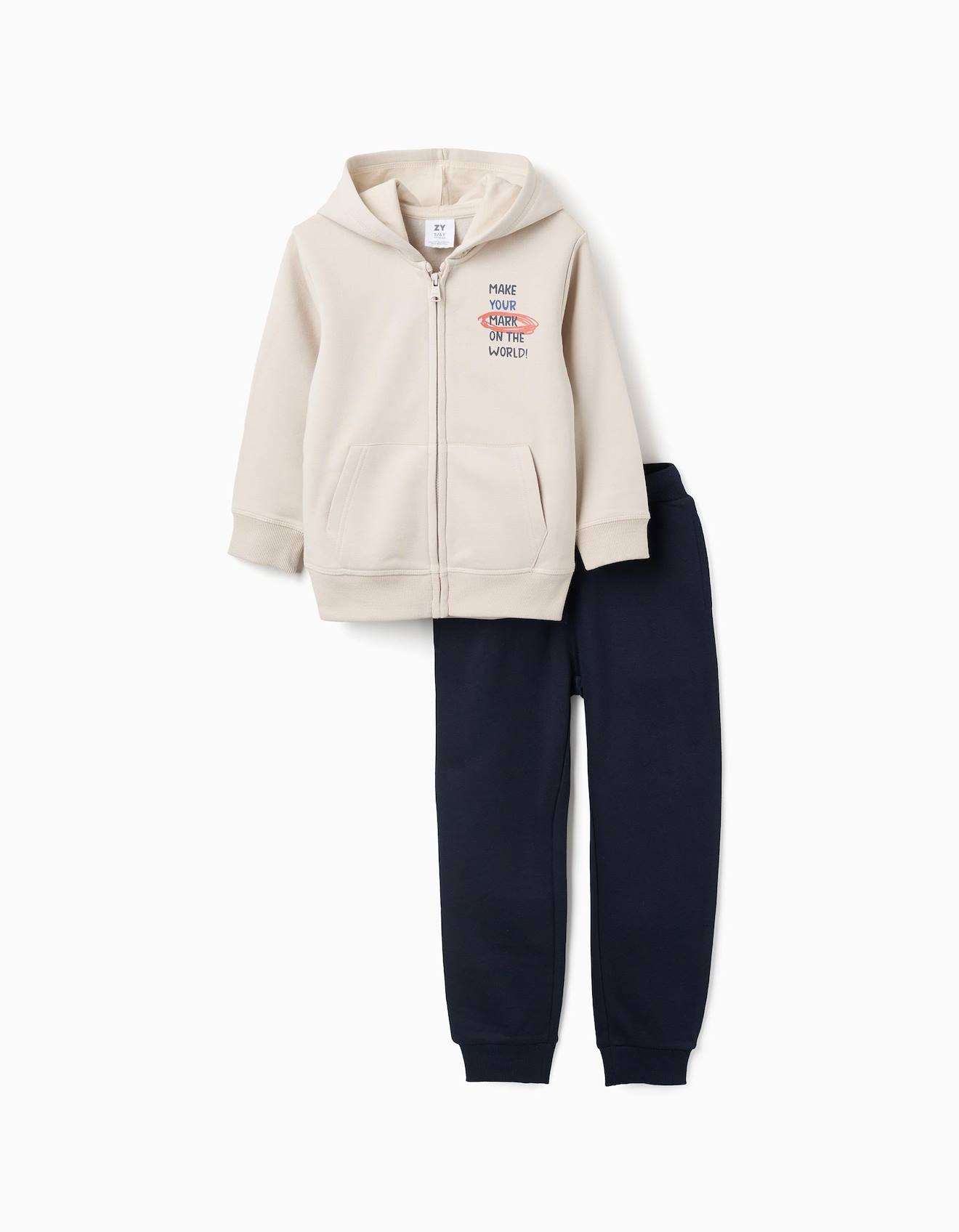 Sweat Zippé À Capuche + Jogpant En Coton Peigné Beige