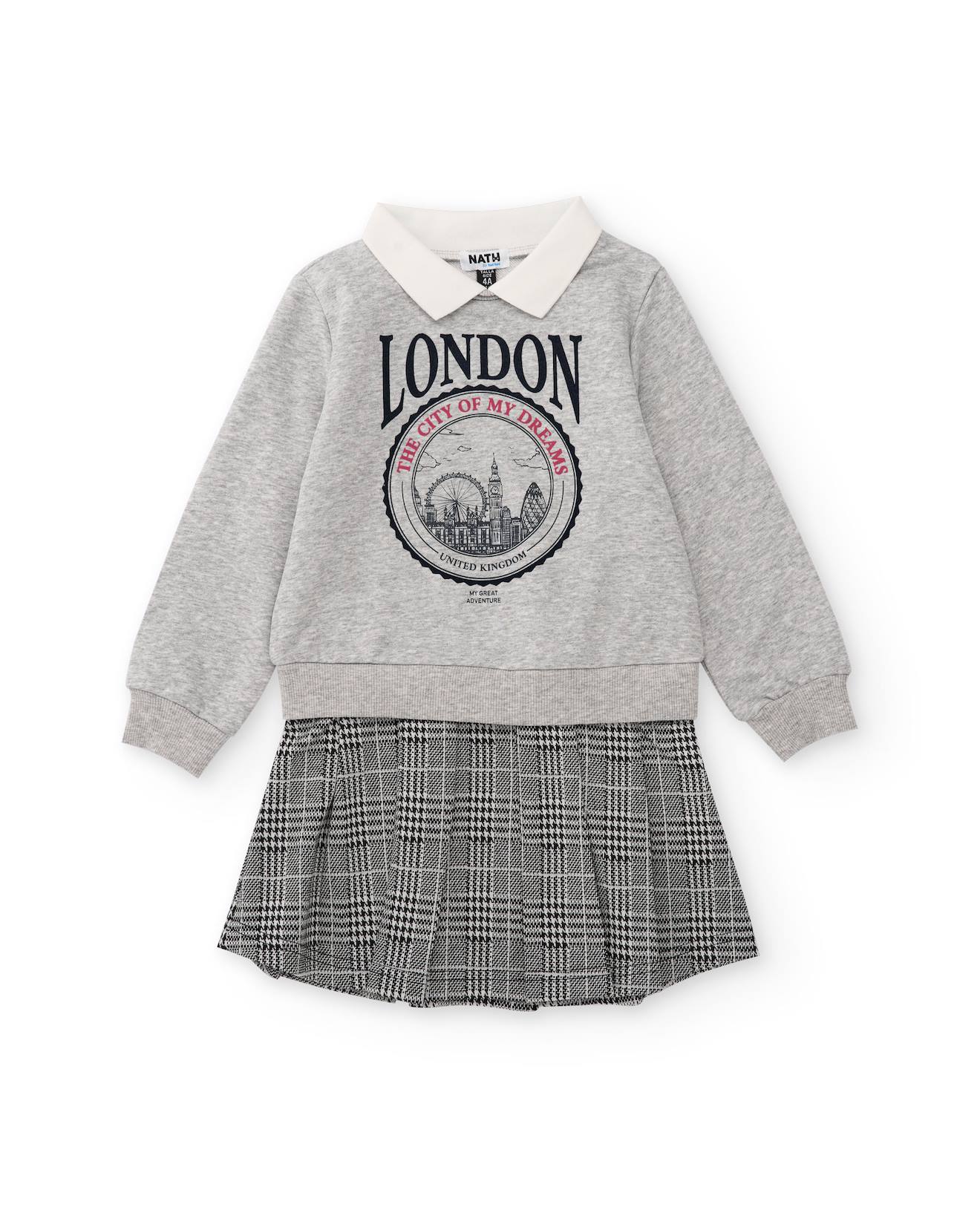 Robe Sweat Pour Fille Avec Col Chemise Et Jupe À Carreaux Gris