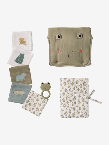 Coffret cadeau naissance 8 pièces : 1 hochet, 1 tapis à langer nomade, 5 lingettes, 1 pochette Babylone+Bayou+blanc imprimé 14 - vertbaudet enfant 