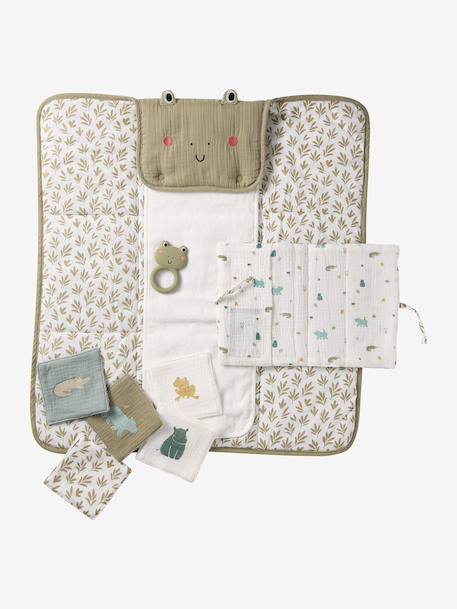 Coffret cadeau naissance 8 pièces : 1 hochet, 1 tapis à langer nomade, 5 lingettes, 1 pochette Babylone+Bayou+blanc imprimé 15 - vertbaudet enfant 