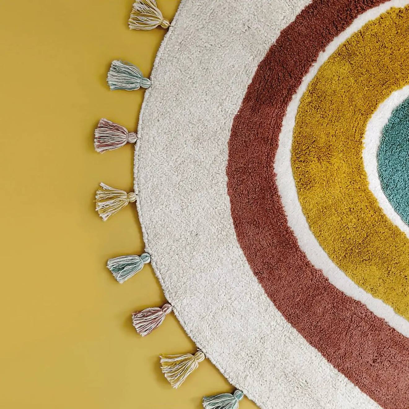 Tapis Enfant Coton Lavable Arc En Ciel Avec Pompons Rainbow Multicolore - Rouge, Jaune, Bl