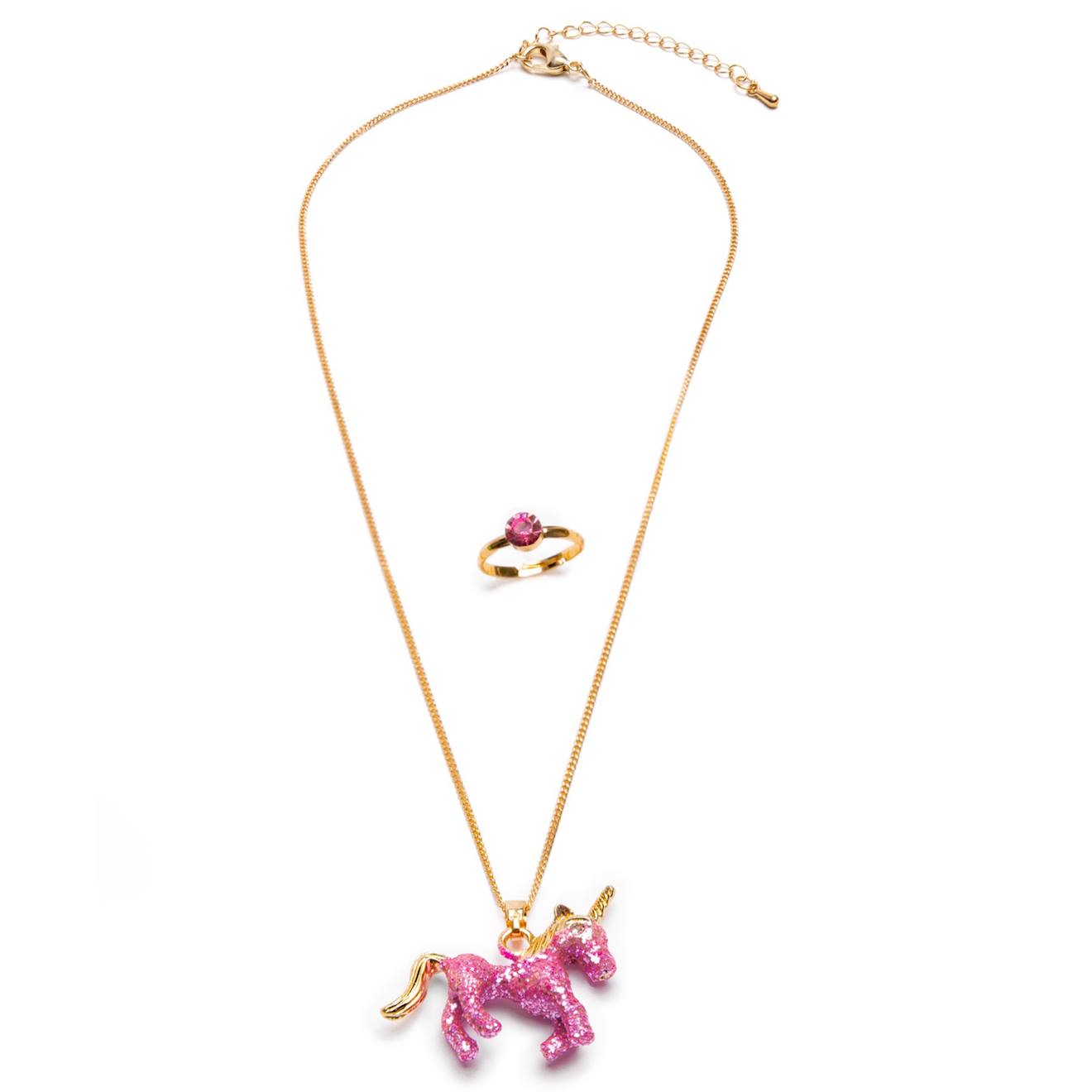 Set Collier Et Bague Licorne Rose Pailletée Rose
