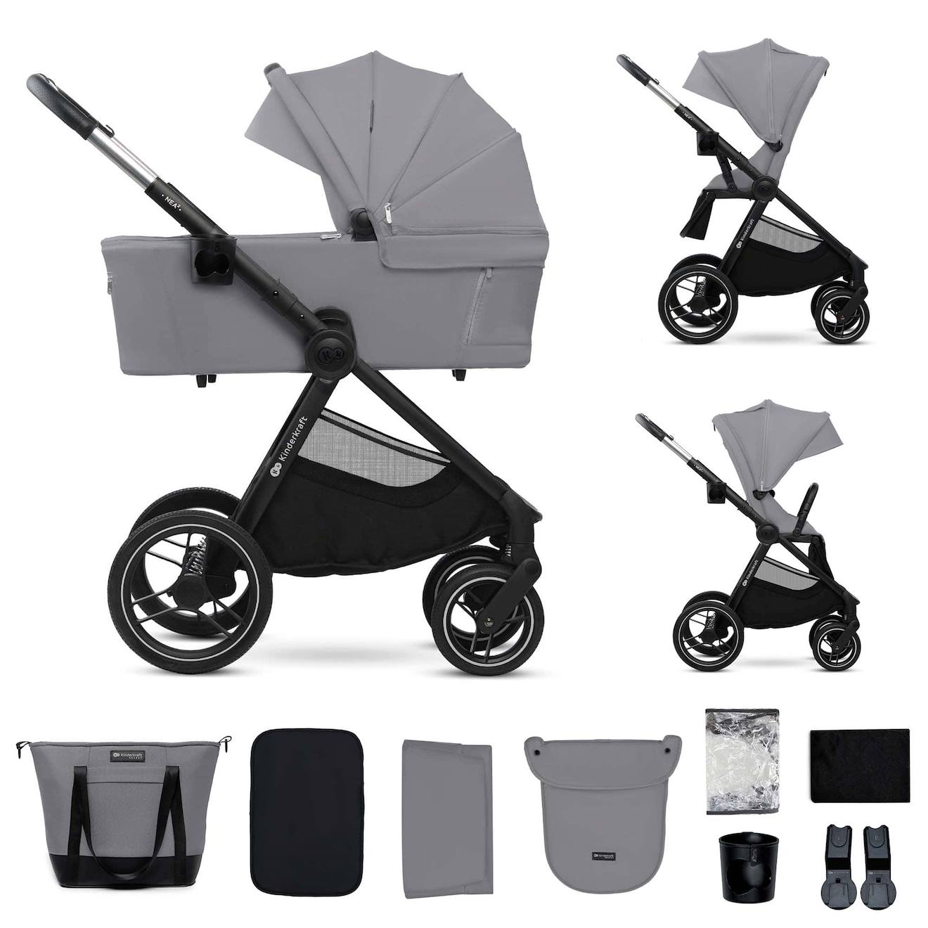 Poussette 2 En 1 Légère Pliage Compact + Nacelle Et Siège Poussette Réversible Gris Clair