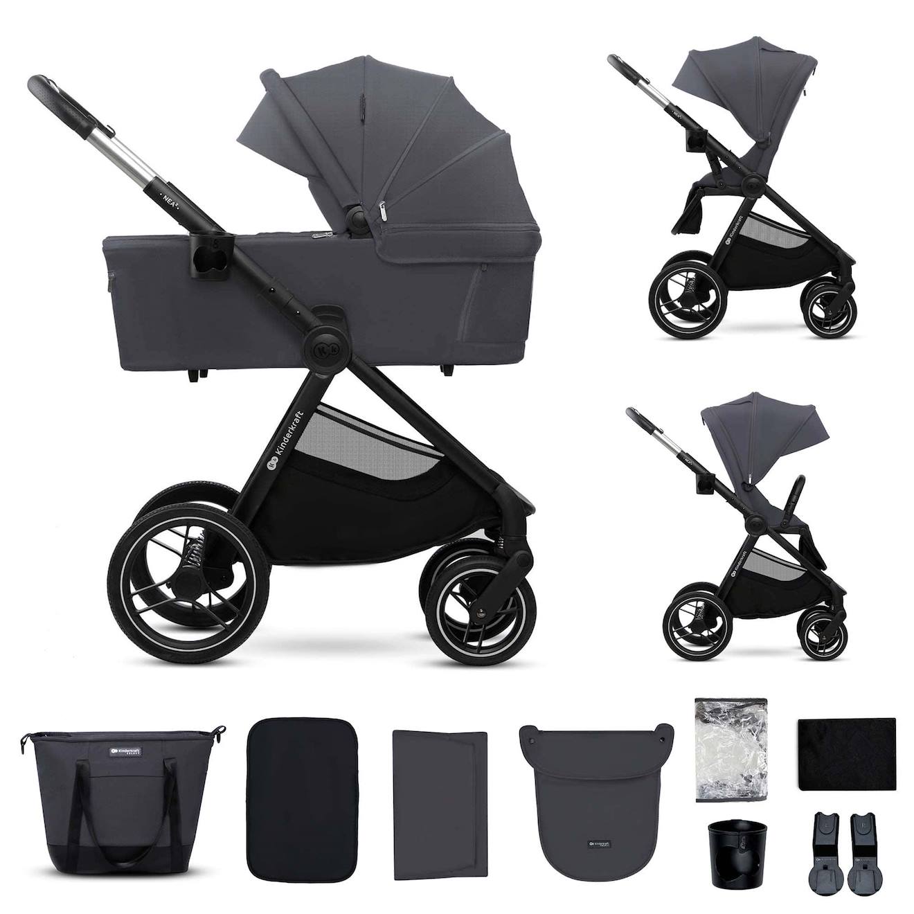 Poussette 2 En 1 Kinderkraft Nea 2 Avec Nacelle Spacieuse, Roues Amorties, Siège Réversible Et Pliage Compact Gris