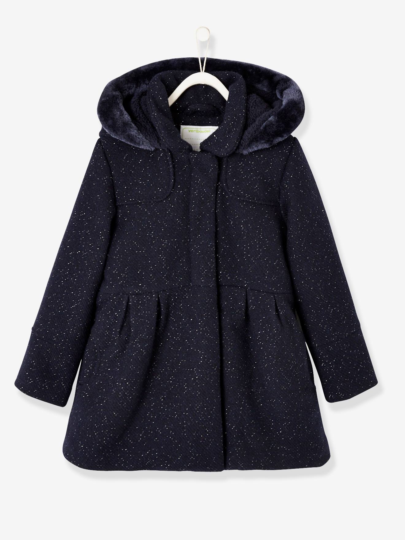 Manteau à capuche fille drap de laine marine grisé